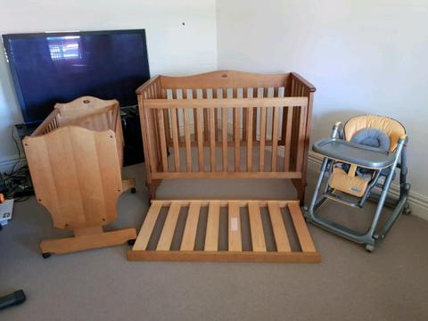 Cot and highchair and bassinet