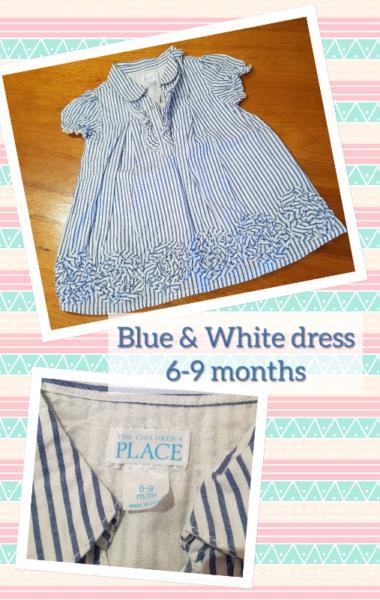 Girl's Blue & White dress: size 6-9 months