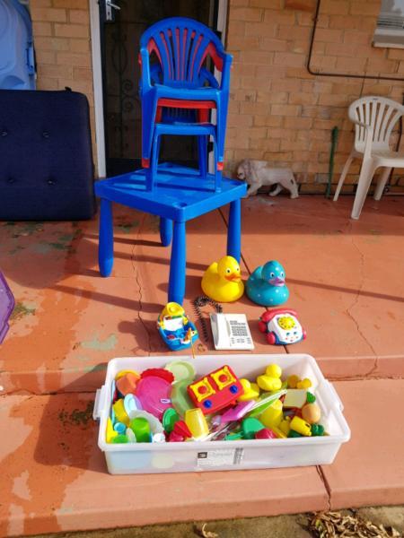 Play kitchen accessories and table and chairs