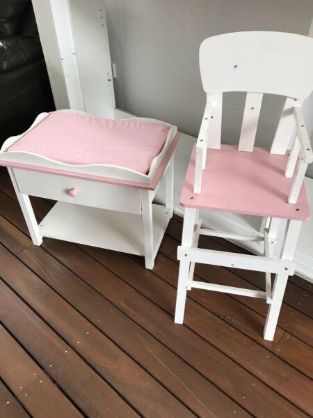 Kids wooden dolls high chair and matching change table with draw