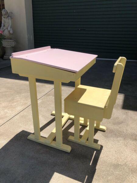 Kids desk and chair both lift up vintage art school furniture