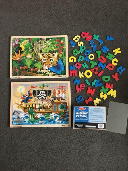 Melissa & Doug wooden puzzles and magnetic letters