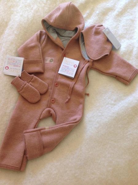 DISANA organic boiled wool overall (6-12 m) Hat & Mittens $244