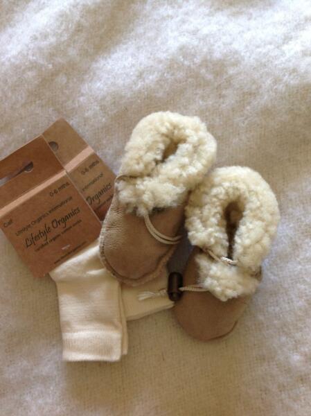 NZ Sheep Skin Baby Booties & organic cotton sock bundle $70