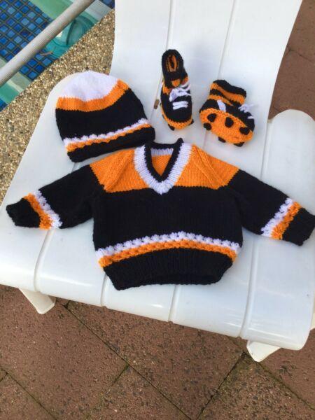 Hand knitted West tigers footy outfit for 0-3 month baby