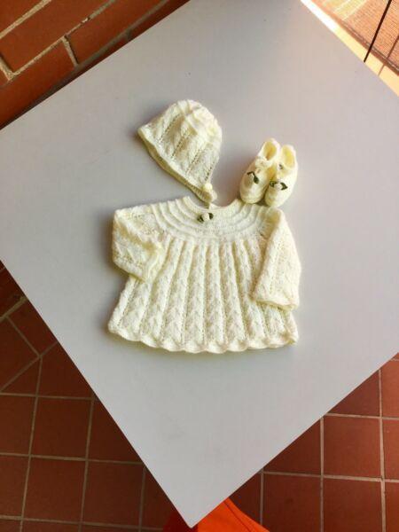 Hand knitted dress bonnet and shoes 3-6 month baby