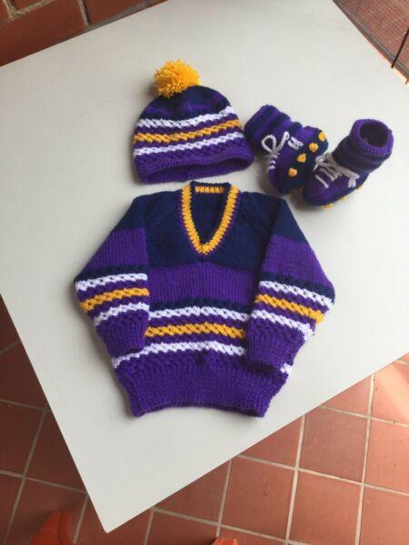 My hand knitted Melbourne Storm,outfit for a 12-18 month baby