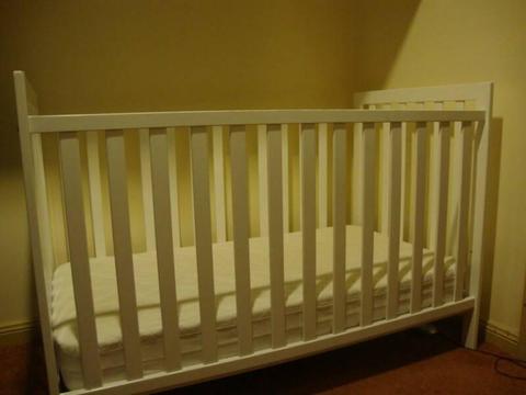 White Cot, Mattress (inner spring), Protector and Sheets