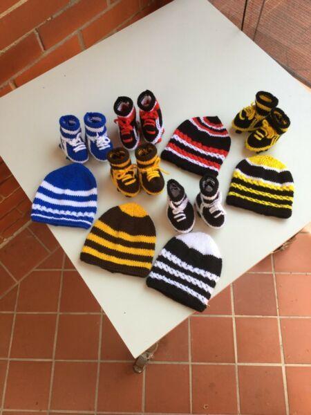 My hand knitted beanies and footy boots,0-3month baby's