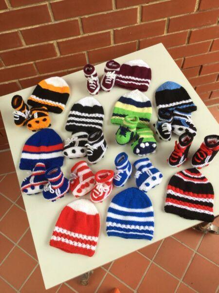 My hand knitted AFL,NRL,sets 0-3 month baby's