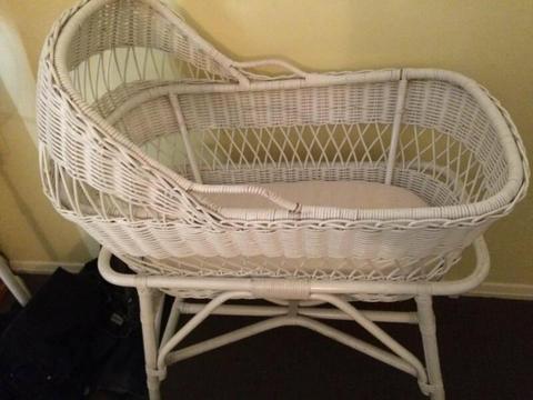 Gorgeous Vintage Style White Cane Rattan Baby Bassinet on Stand