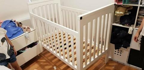 Baby cot and mattress - white timber
