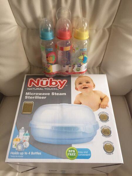BNIB NUBY Microwave Steam Steriliser & 3-Pack Baby Bottle Set