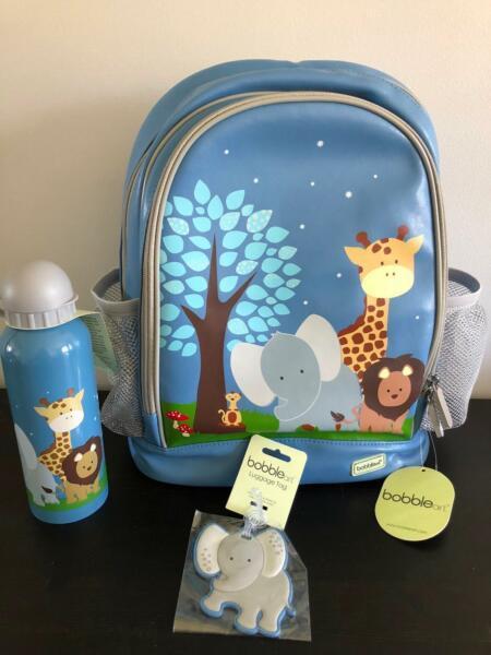 Large kids backpack, stainless steel drink bottle and luggage tag
