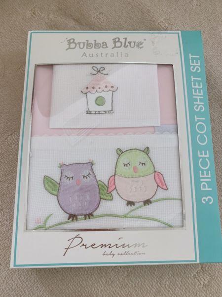 NIB Bubba Blue Embroidered Baby Owl Girl 3 piece Cot Sheet Set