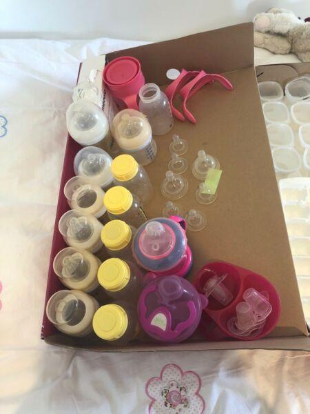 Assorted baby bottles and feeding equipment bundle