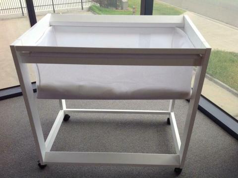 WHITE TIMBER CRADLE ON CASTORS ---- BRAND NEW ---- FREE DELIVERY