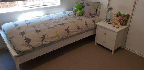 Single childrens bed frame, mattress and bedside table