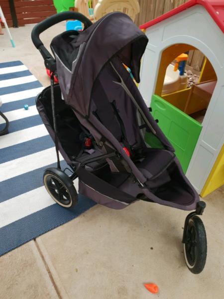 Phil and teds pram with double seat black grey accessories inc