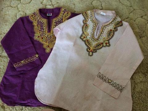 2 kids Indian style blouses, pink & purple with gold palettes