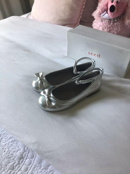 Seed Silver Leather Ballet Flats with Ankle Strap - As New In Box