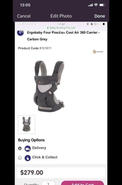 BRAND NEW Ergobaby four position cool air 360 carrier- carbon grey