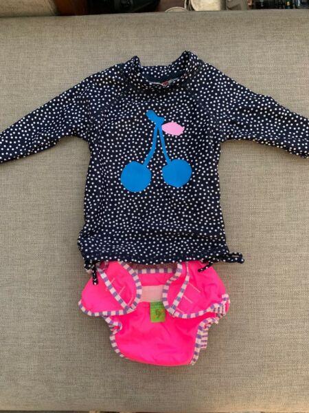 Size 1 long sleeve swim top and reusable swim nappy bottoms