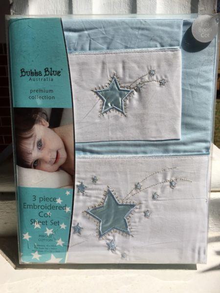 Bubba Blue 3 Piece Embroidered Cot Sheet Set NEW